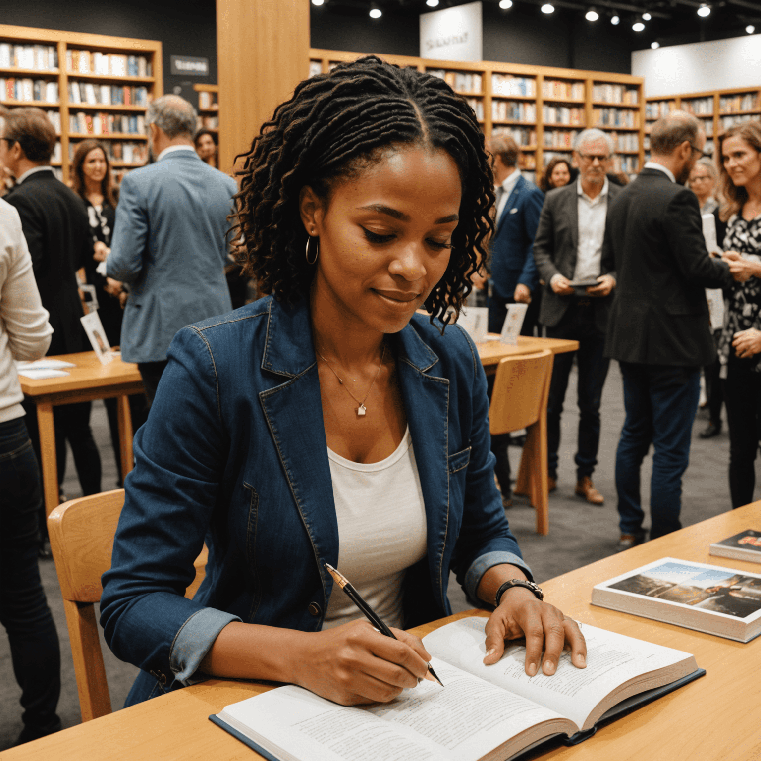 Simone Tebet em um evento de lançamento do livro, interagindo com leitores e assinando cópias