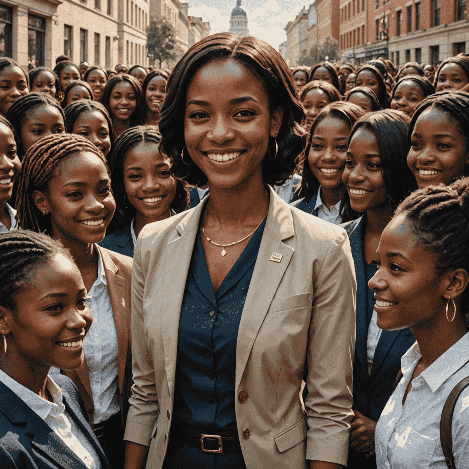 Simone Tebet cercada por jovens mulheres aspirantes a políticas, sorrindo e oferecendo orientação